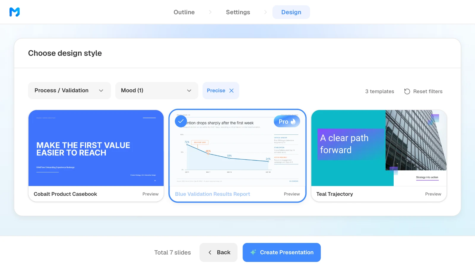The Design step narrowed to 'Process / Validation' and the 'Precise' mood, with 'Blue Validation Results Report' selected. MOVO's Design step filtered to Process / Validation and Precise, with the Blue Validation Results Report style selected
