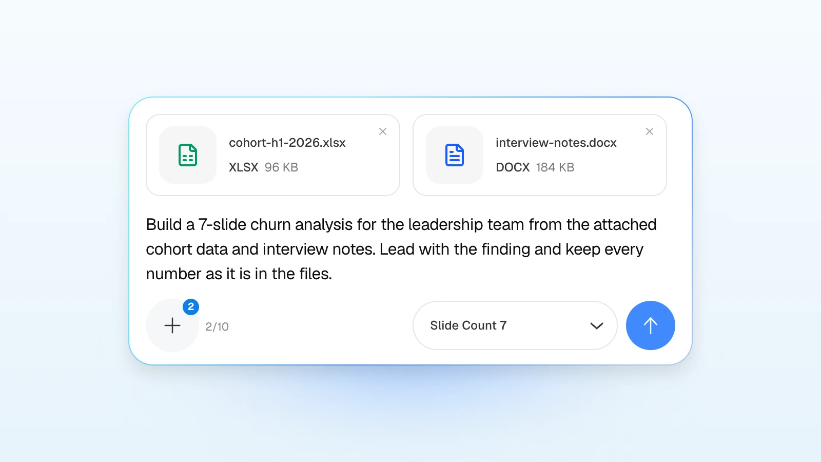 A spreadsheet and a Word document attached, with the slide count set to 7. MOVO's input box with a cohort data spreadsheet and interview notes attached, asking for a churn analysis