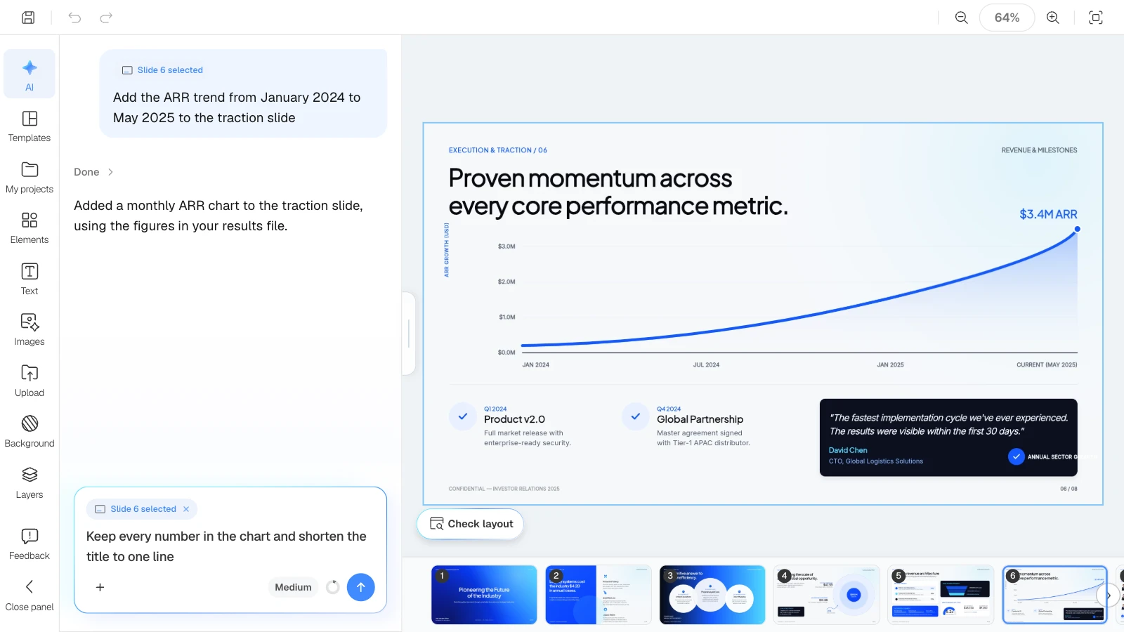 When a slide is selected, the AI request applies to that slide only. MOVO's editor with the traction slide selected and a title edit requested in the AI panel