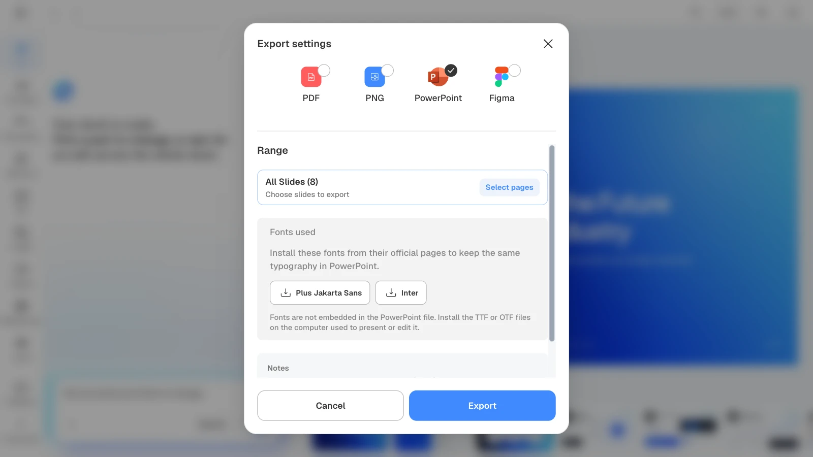 Choosing PowerPoint shows the fonts the deck uses (Plus Jakarta Sans, Inter) with install instructions. MOVO's export settings with PowerPoint and all eight slides selected