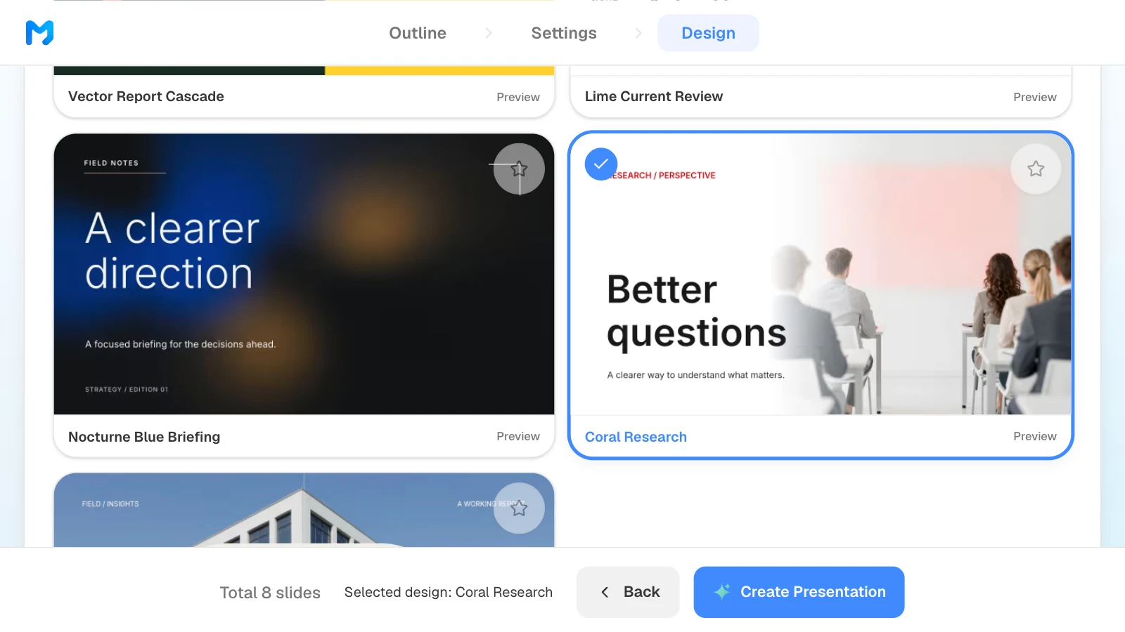 'Coral Research' selected. The bottom bar names the chosen design before you click 'Create Presentation.' MOVO's design step with the Coral Research style selected and named in the bottom bar