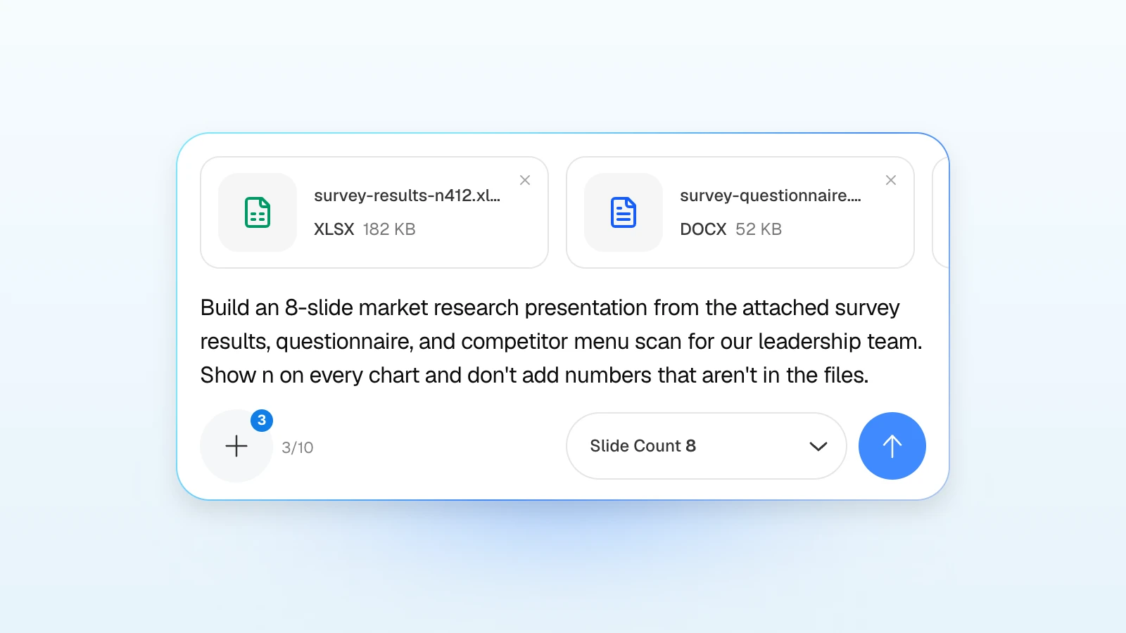 A shorter version of the prompt below. You can add rules to the request, such as showing n on every chart. MOVO's input with three files attached (a survey results spreadsheet and a questionnaire visible), asking for an 8-slide market research presentation