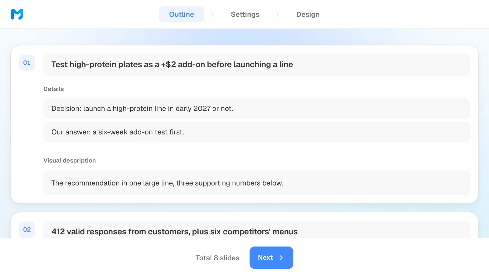 MOVO's outline step for an 8-slide market research deck that opens with testing high-protein plates as a $2 add-on