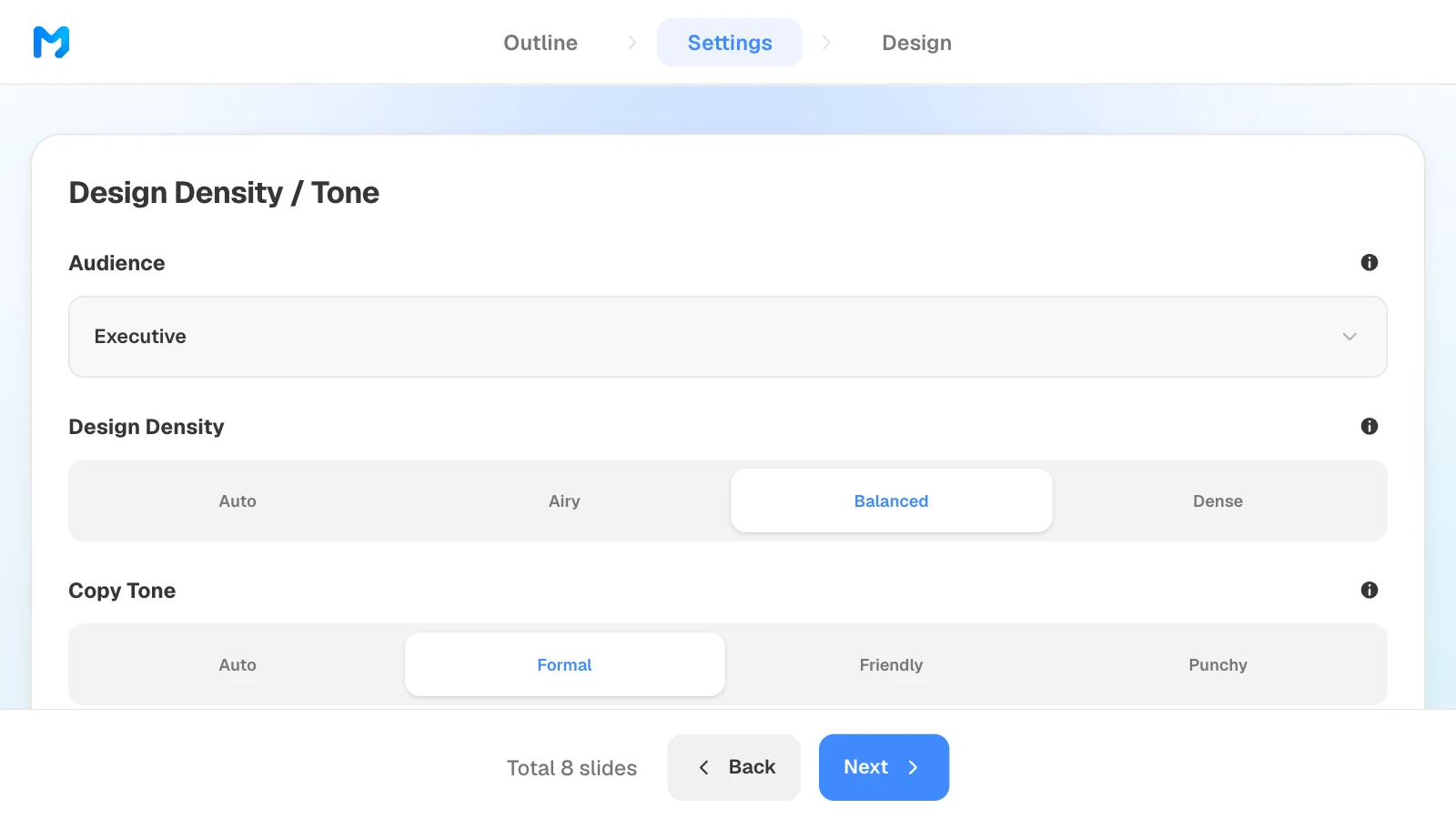 Audience set to Executive, design density to Balanced, and copy tone to Formal. MOVO's settings step with audience Executive, design density Balanced, and copy tone Formal