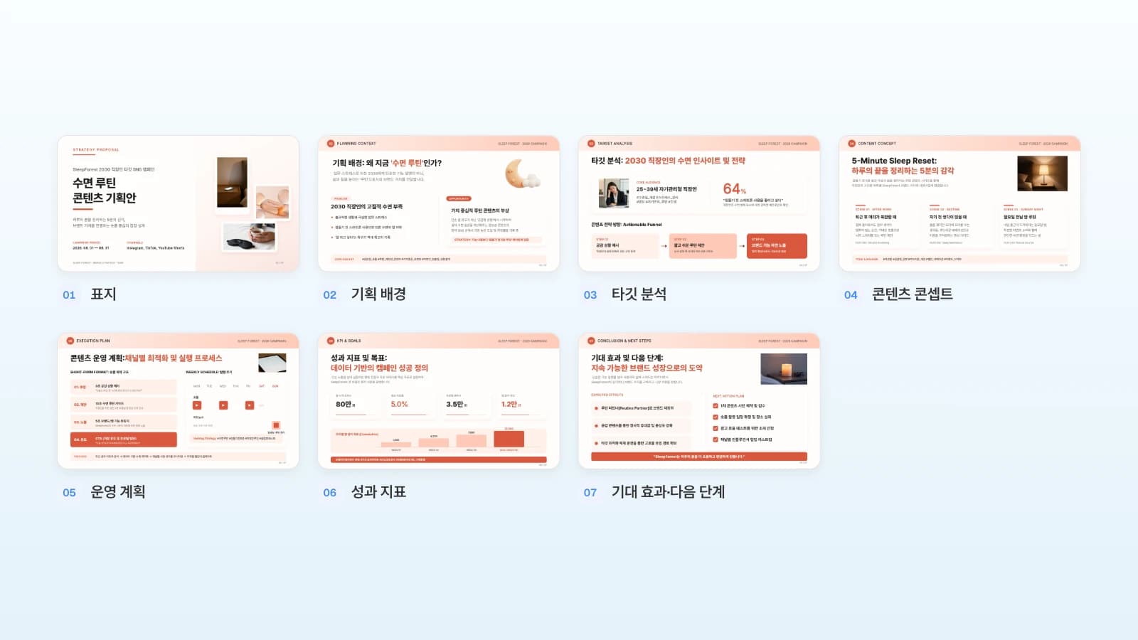 표지부터 기대 효과·다음 단계까지 번호를 붙인 MOVO 웰니스 마케팅 캠페인 기획안 템플릿 7장 전체
