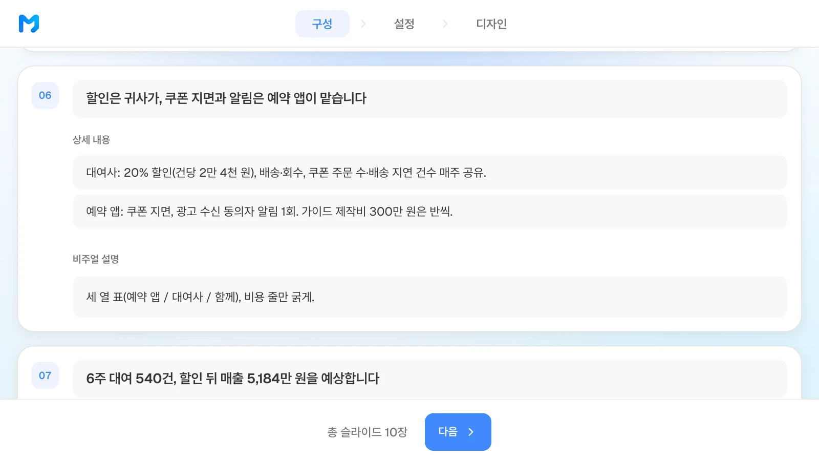 구성 단계의 6장 카드에 역할과 비용 분담, 원하는 표 모양을 적은 예입니다. 두 회사와 금액은 가상입니다. 6장 카드에 '할인은 귀사가, 쿠폰 지면과 알림은 예약 앱이 맡습니다' 제목과 양쪽 할 일, 세 열 표를 원하는 비주얼 설명을 적은 MOVO 구성 단계