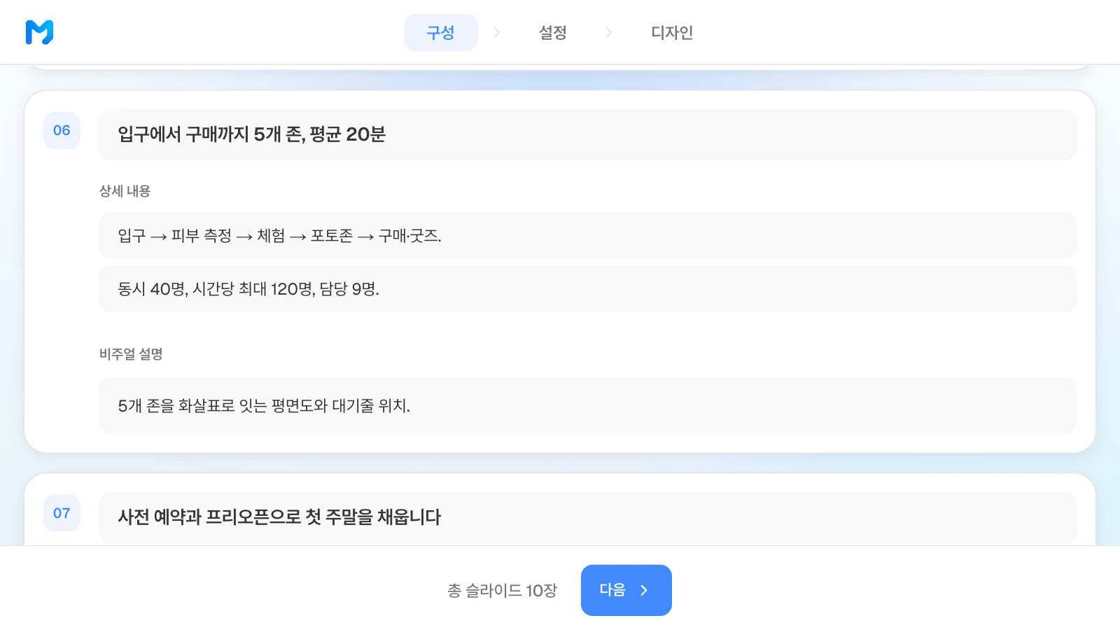 동선 장의 비주얼 설명에 원하는 평면도 배치를 적은 예입니다. 예시 브랜드와 숫자는 가상입니다. 동선 장의 비주얼 설명에 5개 존을 화살표로 잇는 평면도와 대기줄 위치를 적은 MOVO 구성 단계