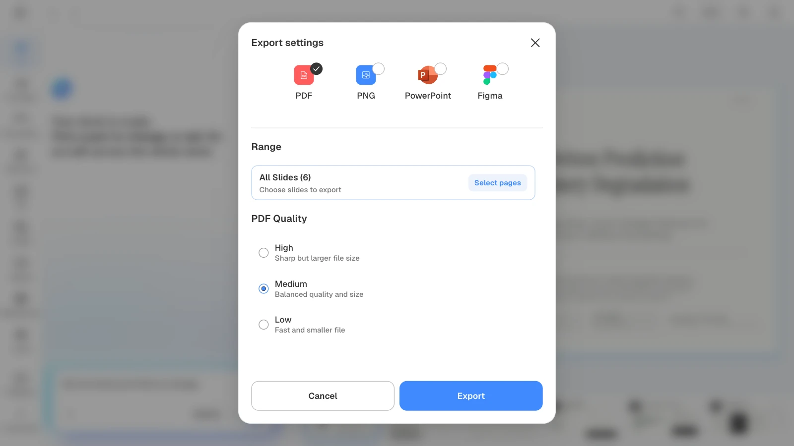 Choosing PDF lets you pick High, Medium, or Low quality. MOVO's export settings with PDF and all six slides selected
