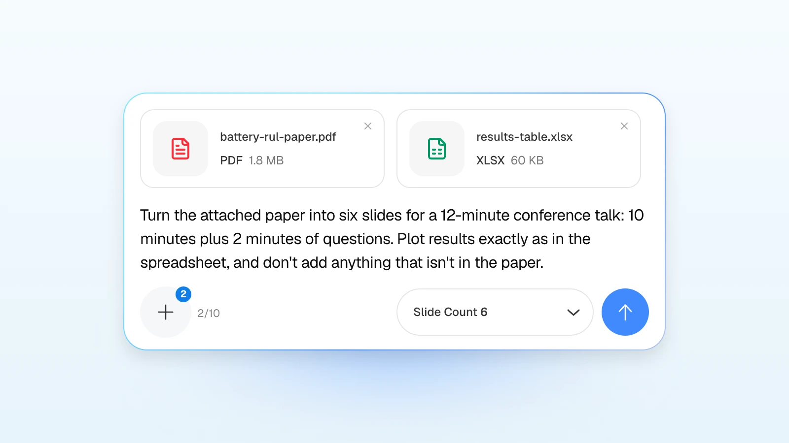 You can add rules to the request, such as not adding anything that isn't in the paper. MOVO's input with a paper PDF and a results spreadsheet attached, asking for conference talk slides