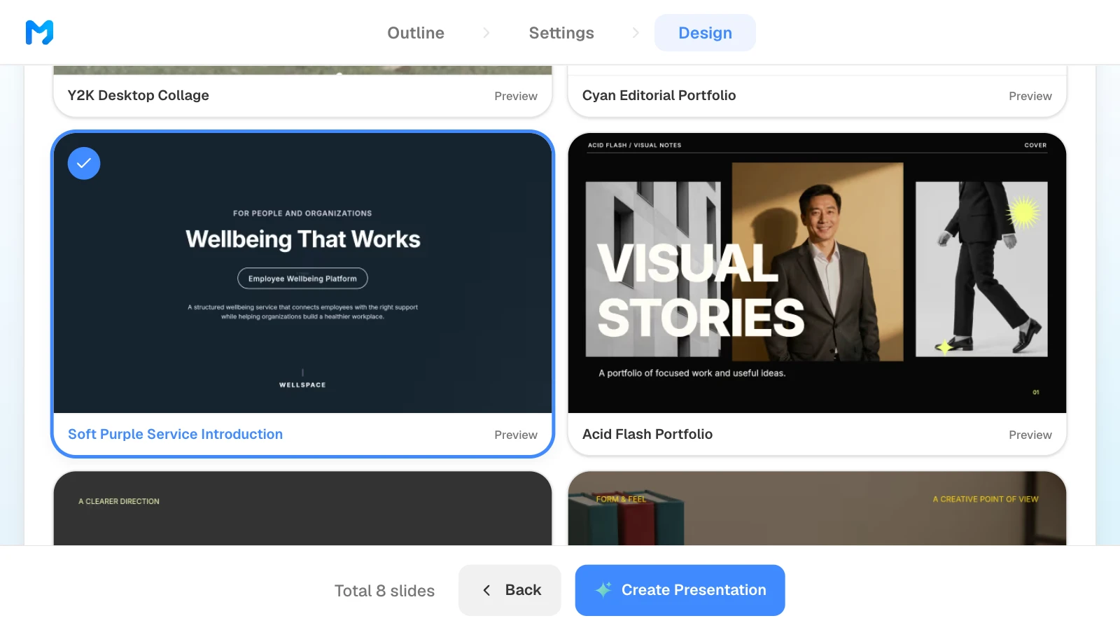 The design step narrowed to 'Brand / Introduction', with the 'Soft Purple Service Introduction' style selected. MOVO's design step with the Brand / Introduction type and the Soft Purple Service Introduction style selected