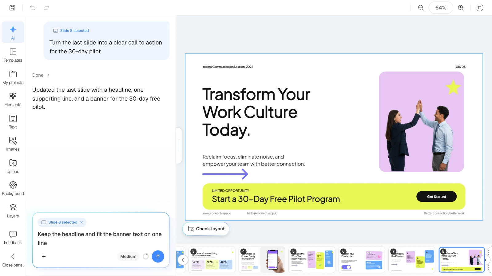 When a slide is selected, the AI request applies to that slide only. MOVO's editor with the last slide selected and a banner edit requested in the AI panel