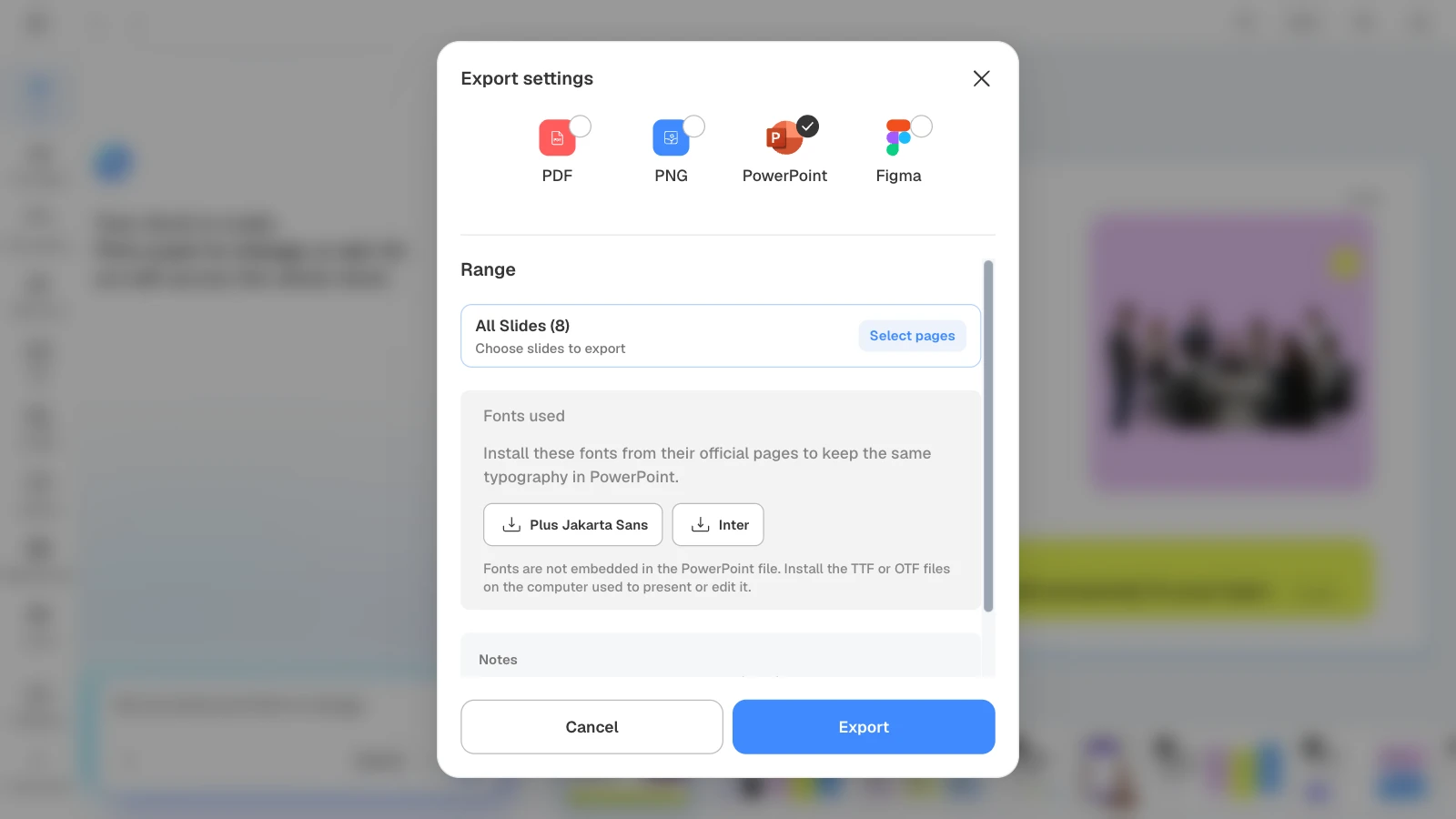 Choosing PowerPoint shows the fonts the deck uses (Plus Jakarta Sans, Inter) with install instructions. MOVO's export settings with PowerPoint and all eight slides selected