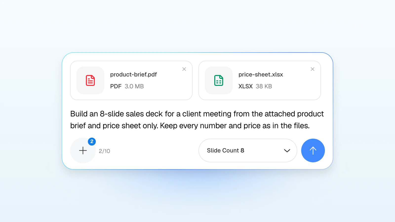 You can add rules to the request, such as keeping every number and price as in your files. MOVO's input with a product brief PDF and a price sheet attached, asking for an 8-slide sales deck