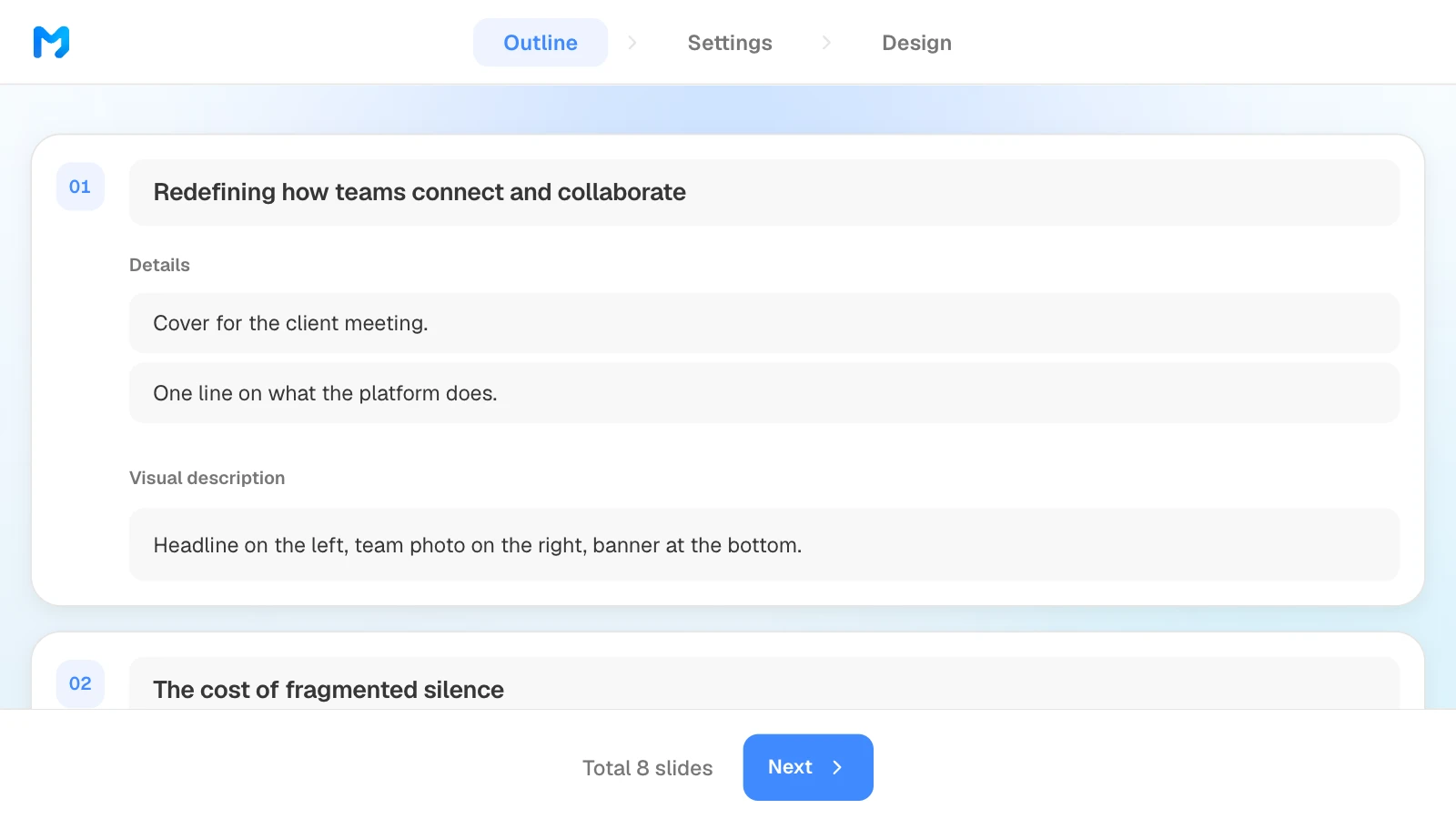 In the outline step, you can edit each slide's title, details, and visual description. MOVO's outline step showing slide titles and details for a sales deck