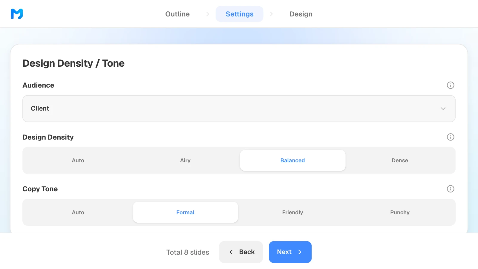 The audience options are General, Executive, Technical, Student/Education, Investor, and Client. MOVO's settings step with audience Client, design density Balanced, and copy tone Formal