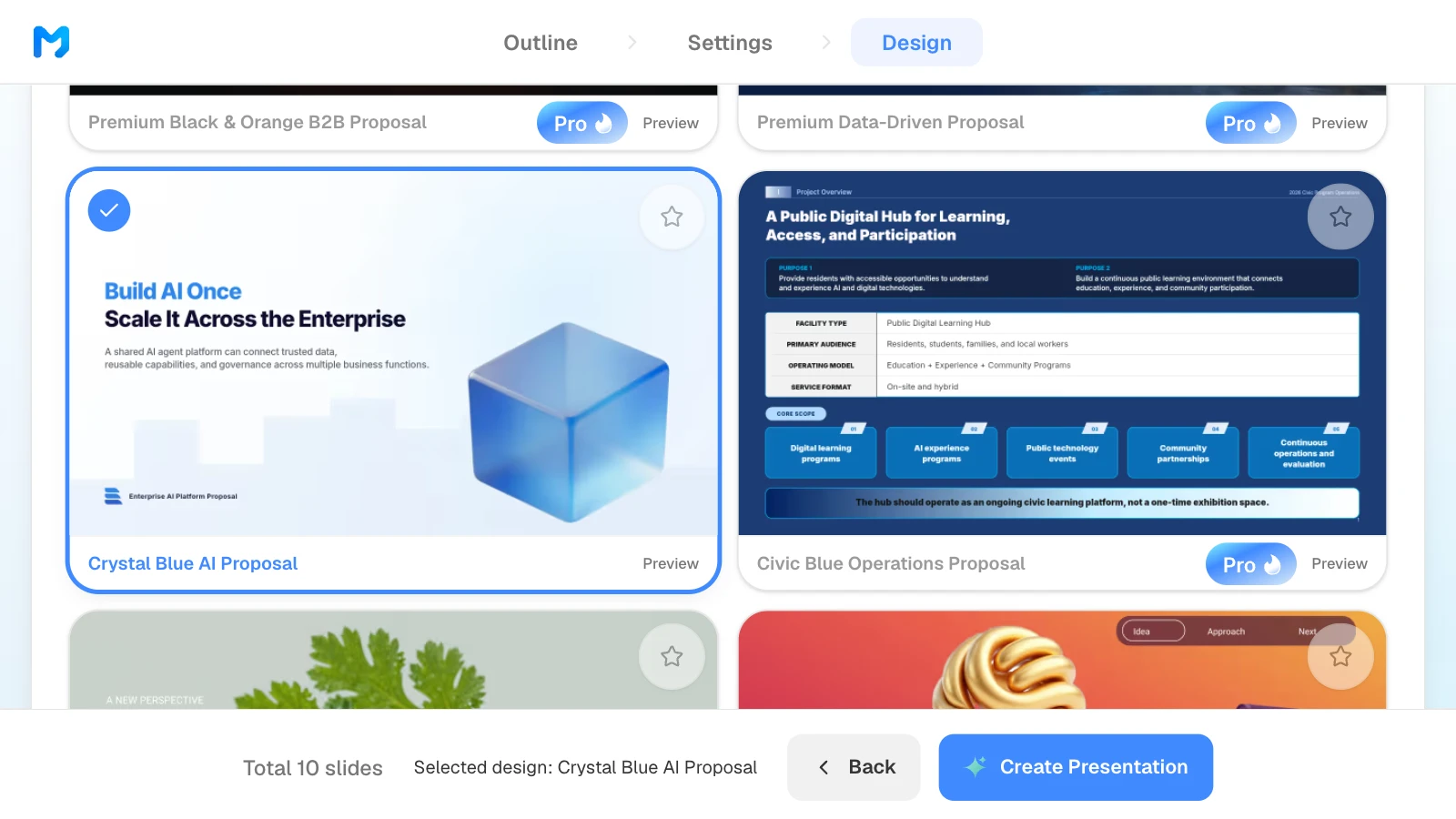 The 'Crystal Blue AI Proposal' style selected among the proposal styles. The bottom bar shows the selected design. MOVO's Design step with the Crystal Blue AI Proposal style selected and named in the bottom bar
