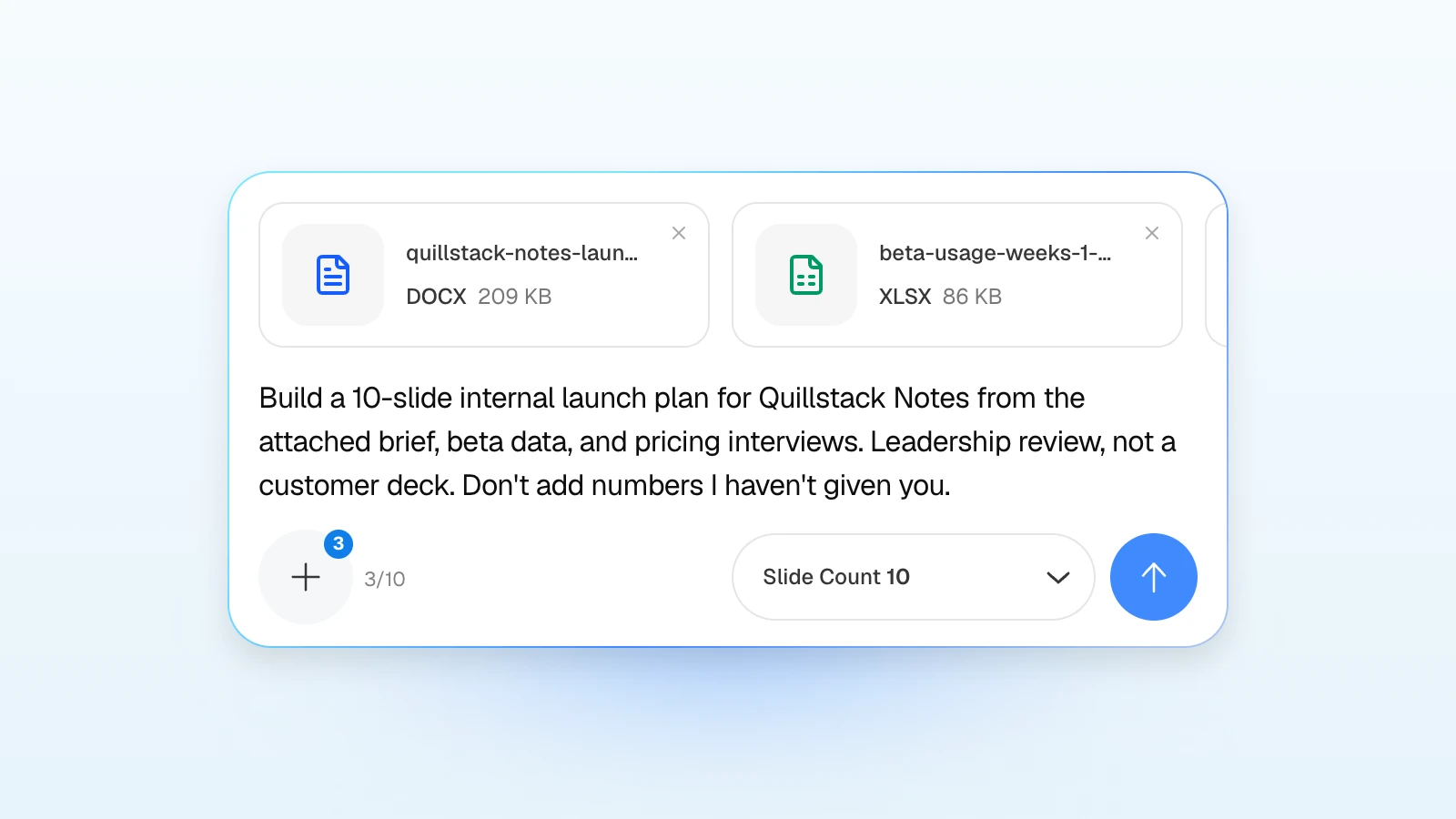 You can add rules to the request, such as not adding numbers that are not in the files. MOVO's input with three files attached (the launch brief and beta usage spreadsheet in view), a request for a 10-slide launch plan, and Slide Count set to 10