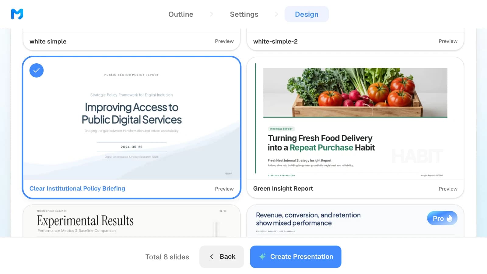The design step narrowed to report styles, with 'Clear Institutional Policy Briefing' selected. Content in the style sample is fictional. MOVO's design step with the Clear Institutional Policy Briefing style selected