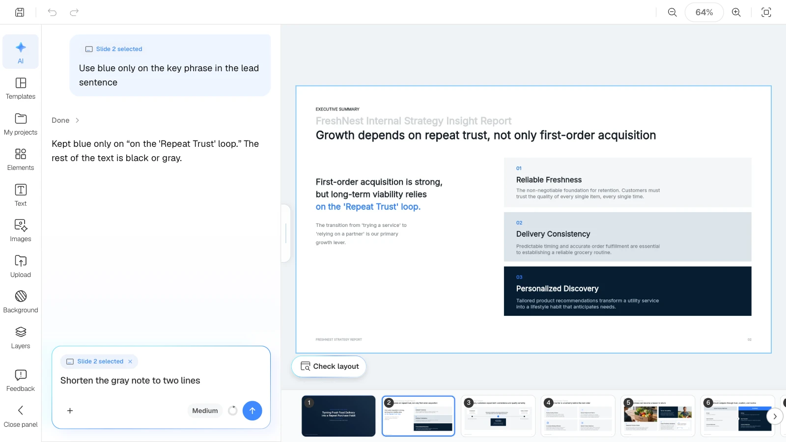 When a slide is selected, the AI request applies to that slide only. MOVO's editor with the executive summary slide selected and a request to shorten the supporting note