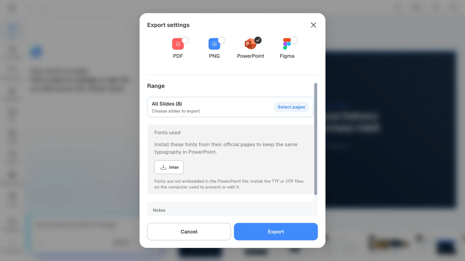 Choosing PowerPoint shows the font the deck uses (Inter) with install instructions. MOVO's export settings with PowerPoint and all eight slides selected