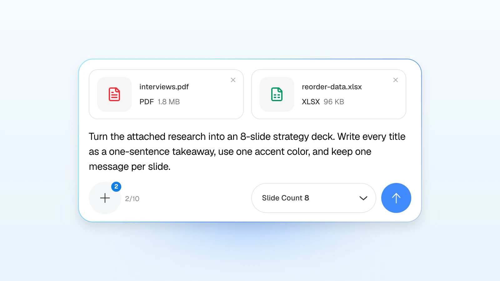 You can put design rules, such as how to write titles and how many accent colors to use, in the request. MOVO's input with an interview PDF and a reorder spreadsheet attached, asking for takeaway titles and one accent color