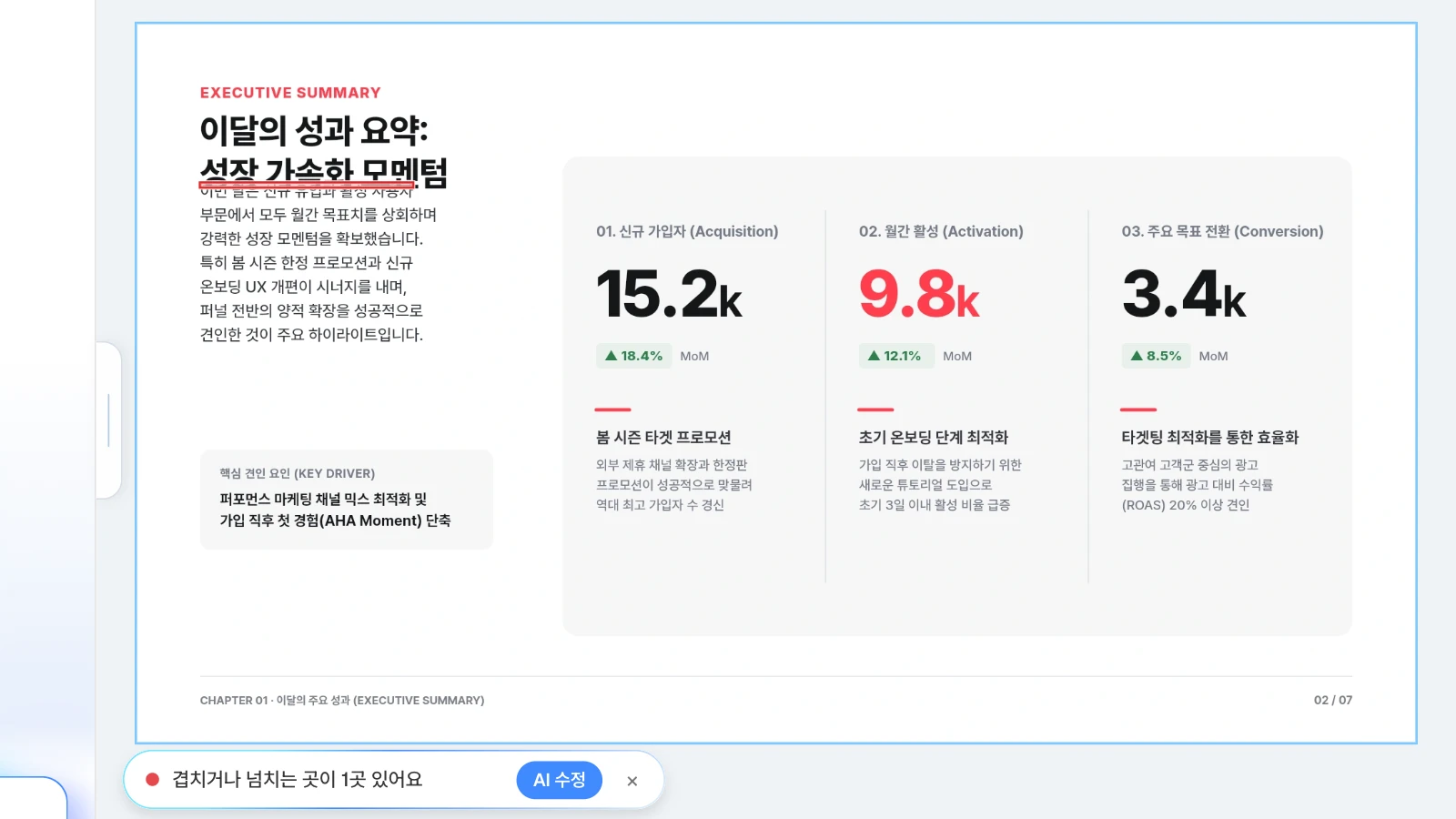 예시로 본문 문단을 제목 쪽으로 끌어올려 겹치게 한 뒤 레이아웃 검사를 돌린 화면입니다. 성과 요약 슬라이드에서 겹친 글상자 1곳을 찾은 MOVO 레이아웃 검사 결과