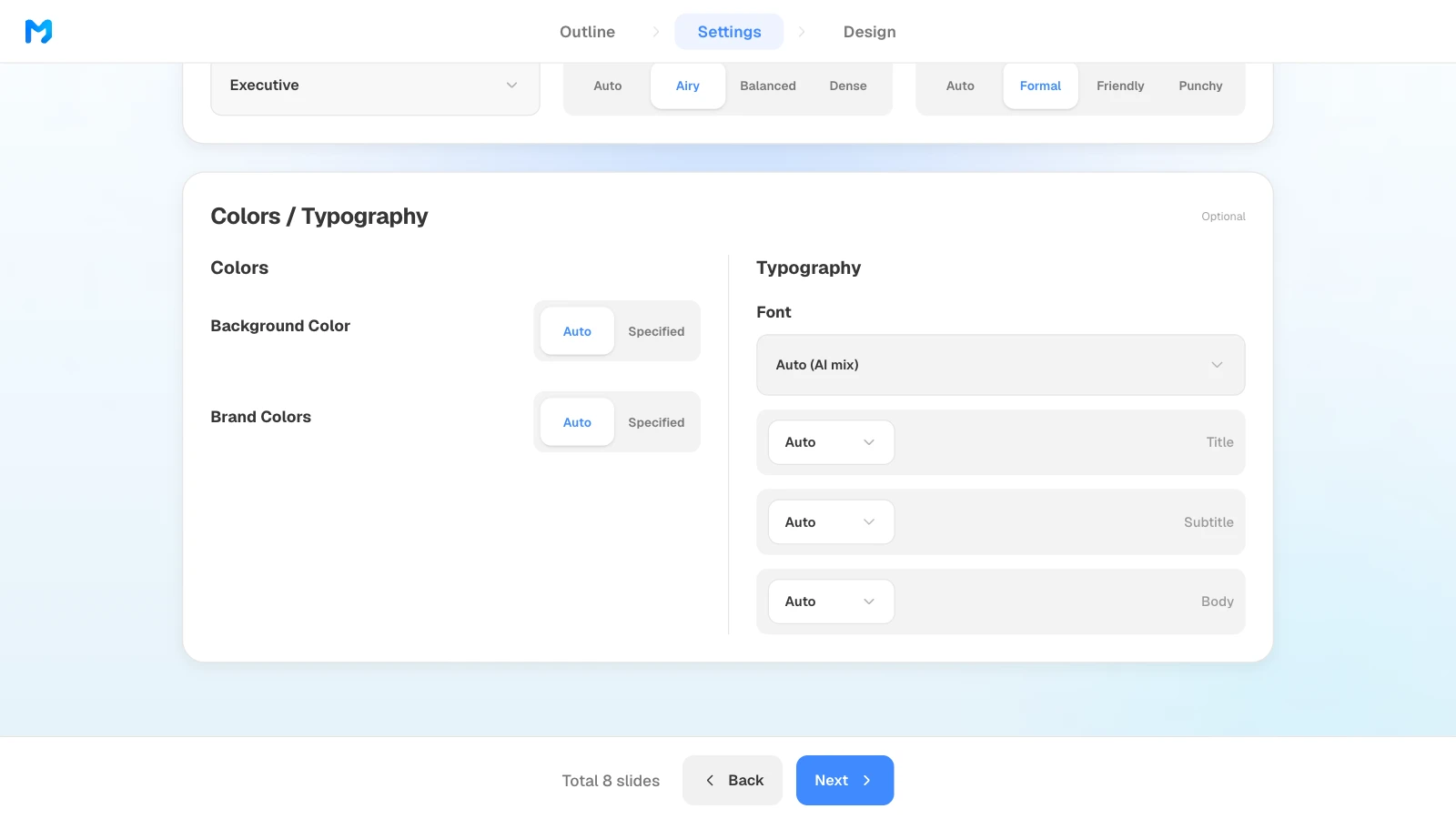 Design density can be Auto, Airy, Balanced, or Dense. MOVO's settings step with audience Executive, density Airy, tone Formal, and the Colors and Typography panel