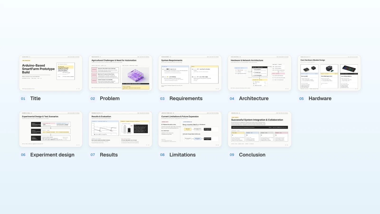 The nine slides of MOVO's 'Engineering Capstone Final Presentation' template, a structure you can adapt for a project or thesis defense. The project and figures in it are fictional. The nine slides of an engineering project presentation template, numbered from Title to Conclusion