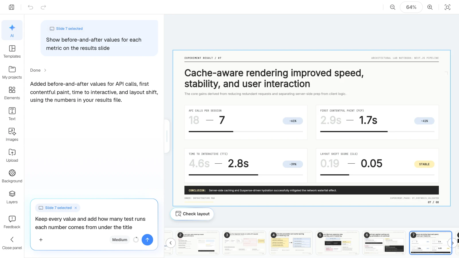 When a slide is selected, the AI request targets that slide. MOVO's editor with the results slide selected and a request to add the number of test runs