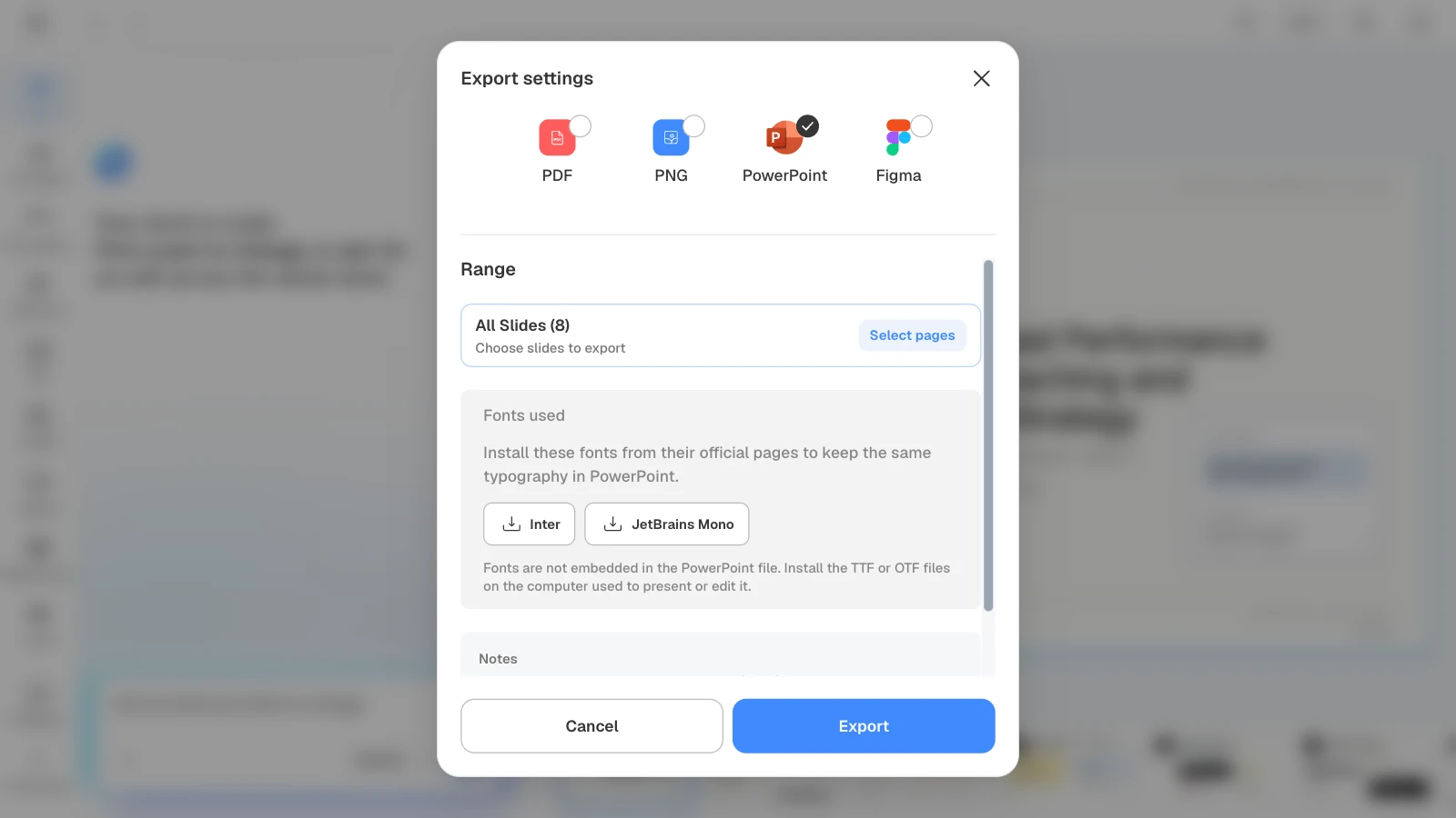 Choosing PowerPoint shows the fonts the deck uses (Inter, JetBrains Mono) with install instructions. MOVO's export settings with PowerPoint and all eight slides selected