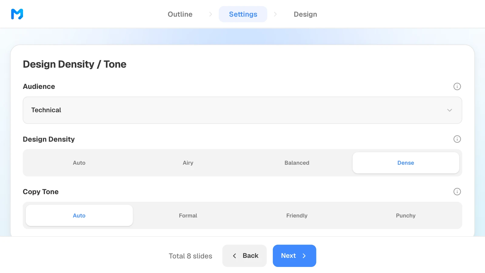 Design density offers Auto, Airy, Balanced, and Dense; copy tone offers Auto, Formal, Friendly, and Punchy. MOVO's settings step with audience Technical, design density Dense, and copy tone Auto