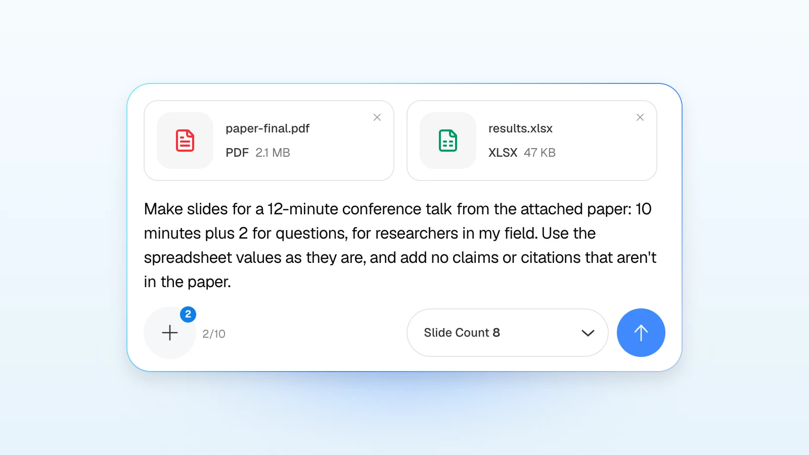 MOVO's input with a paper PDF and a results spreadsheet attached, asking for conference talk slides