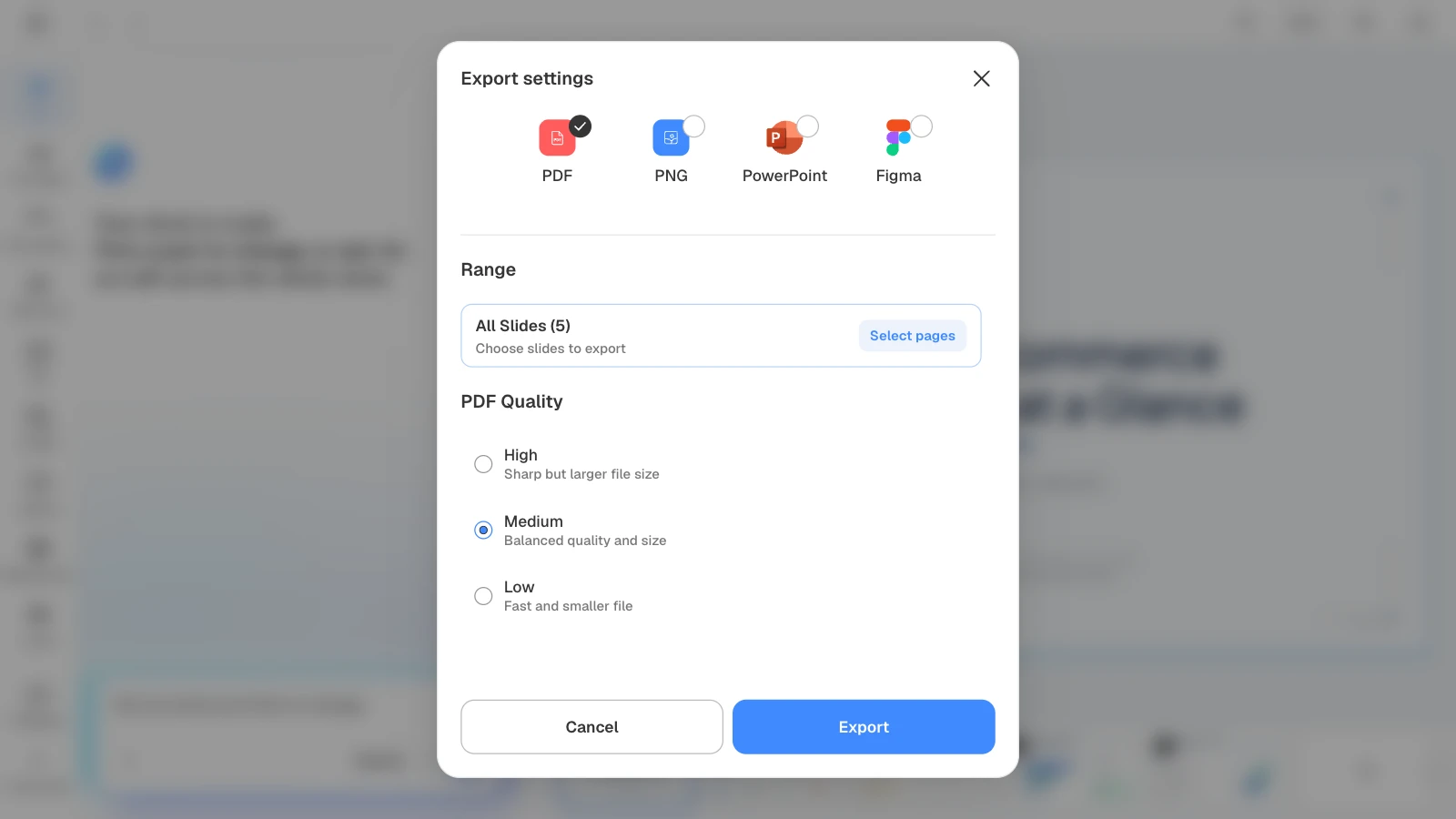 When you choose PDF, you can pick High, Medium, or Low quality. MOVO's export settings with PDF, all five slides, and Medium PDF quality selected