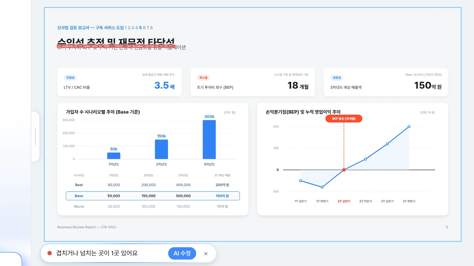 예시로 부제목 글상자를 위로 옮겨 제목과 겹치게 한 뒤 레이아웃 검사를 돌린 화면입니다. 부제목이 제목과 겹친 곳 1곳을 찾은 MOVO 레이아웃 검사 결과