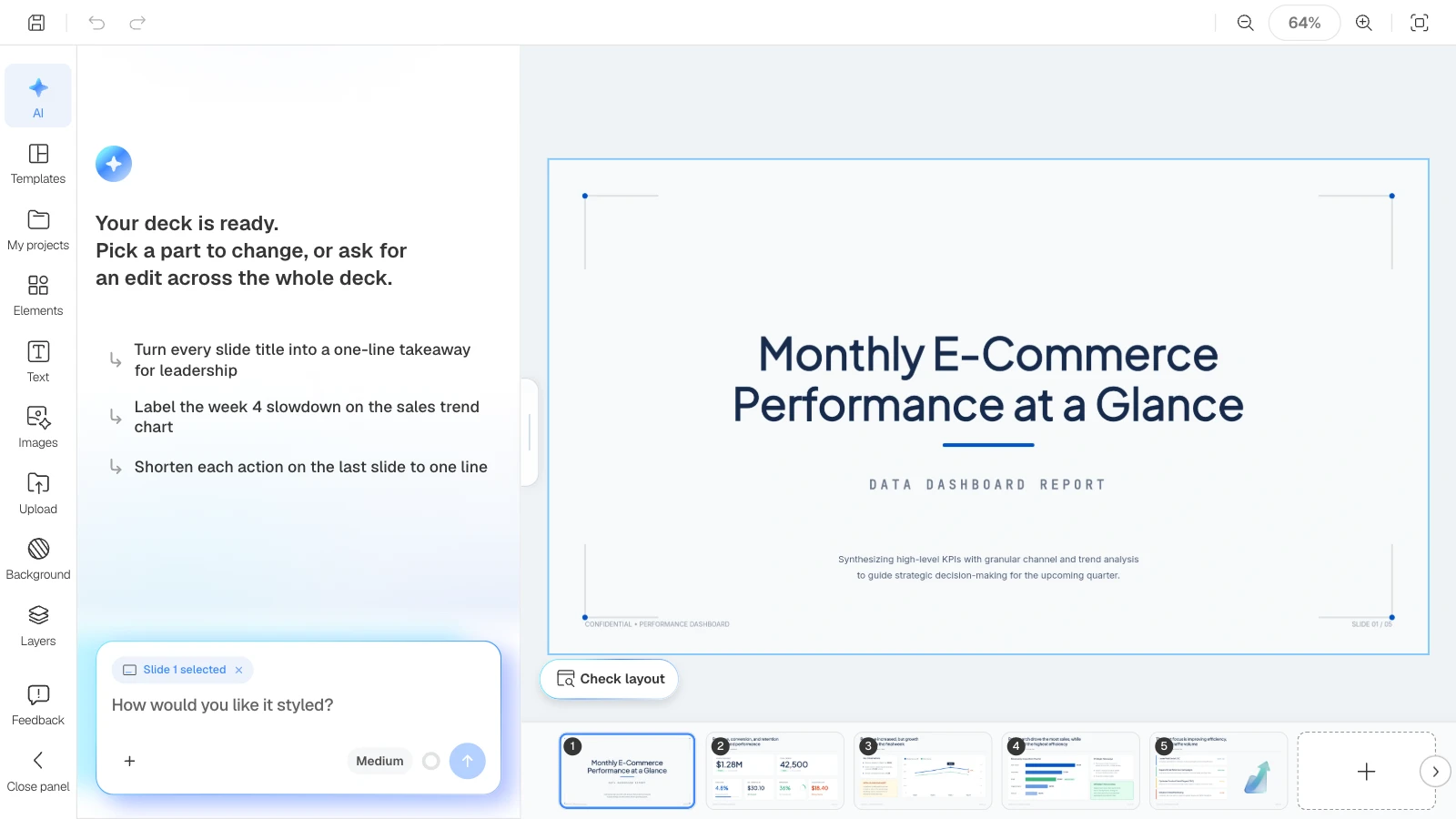 Suggested requests are generated from the deck's outline. The suggestions shown here are examples. The MOVO editor with the AI panel's greeting and three suggested requests, and the title slide open