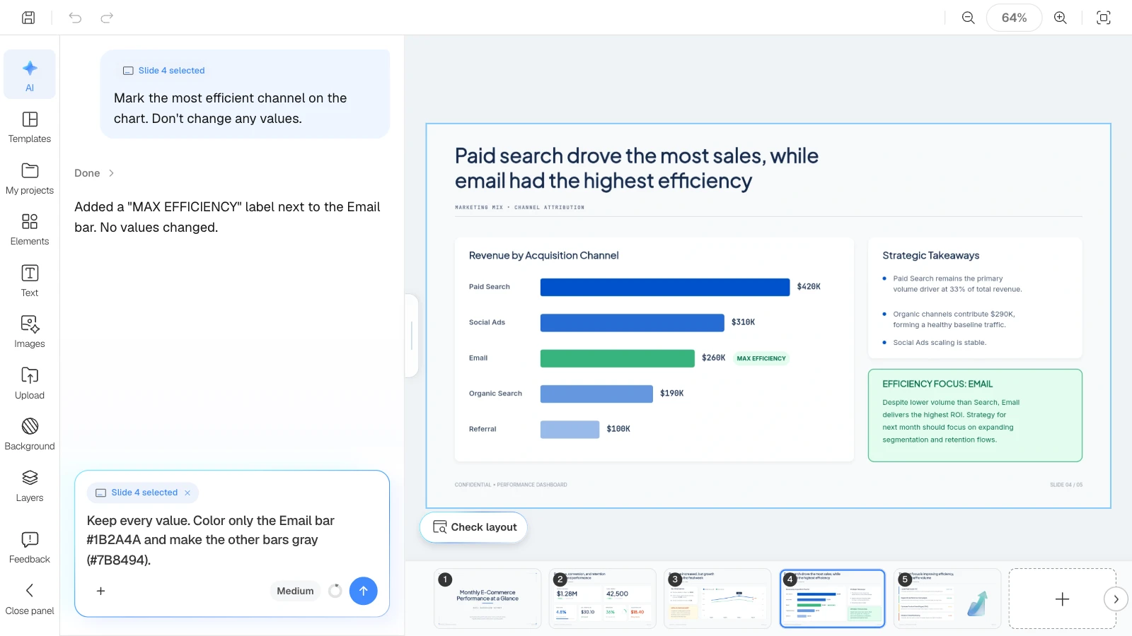 An example of checking the first result, then following up with a chart change. The MOVO editor after an answer about the efficiency label, with a follow-up request to highlight one bar
