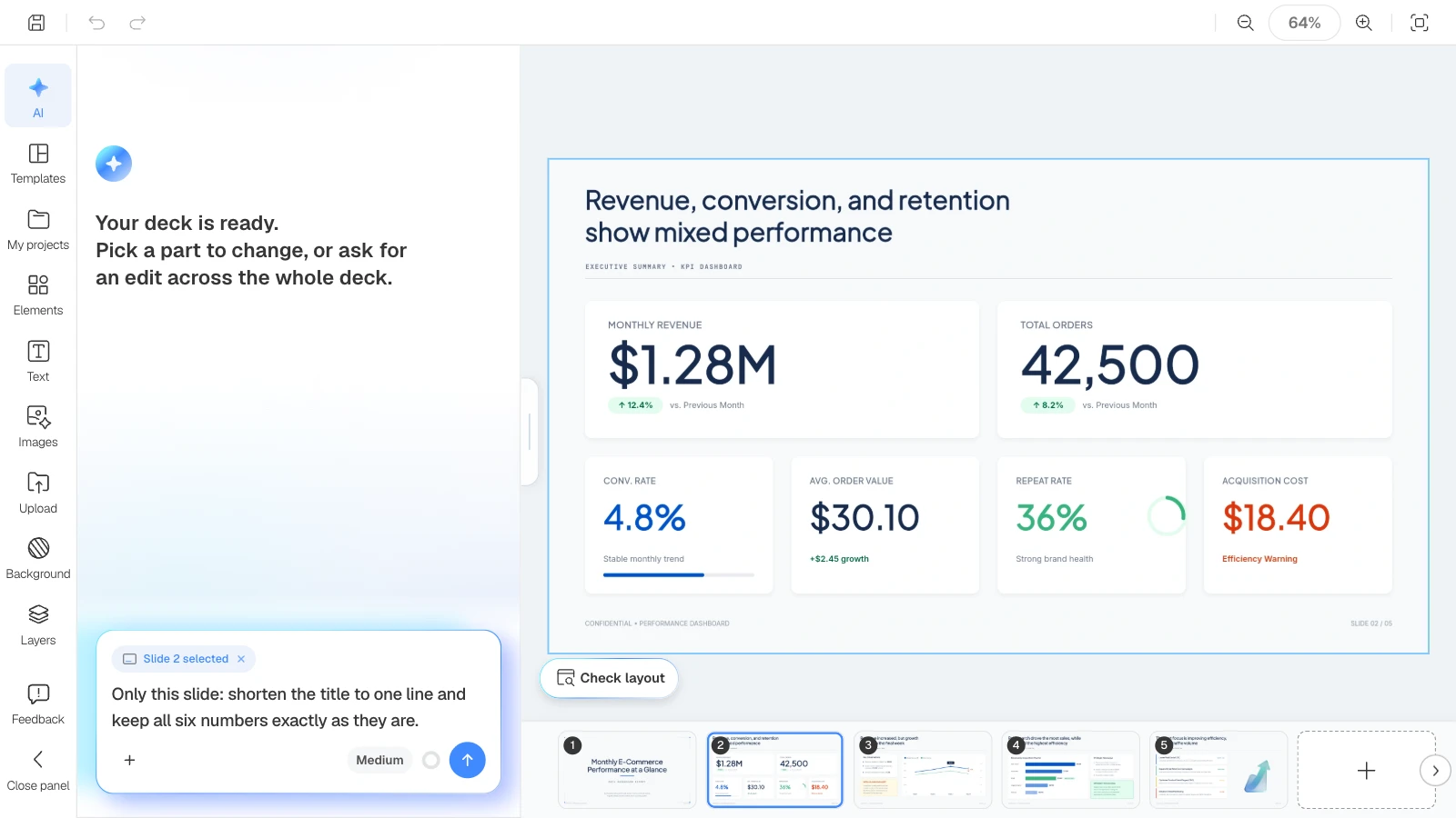 The slide open on the canvas is pinned to the input as 'Slide N selected.' The request shown is this article's example. The MOVO editor with the KPI slide open and "Slide 2 selected" pinned above a one-slide request in the AI panel