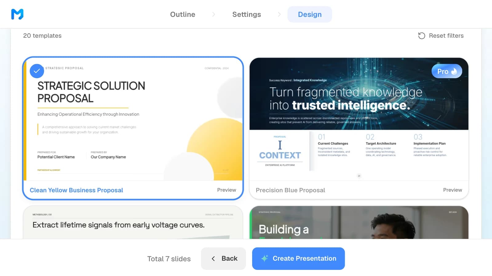 The design step narrowed to 'Proposal / Persuasion', with the 'Clean Yellow Business Proposal' style selected. MOVO's design step with the Proposal / Persuasion type and the Clean Yellow Business Proposal style selected
