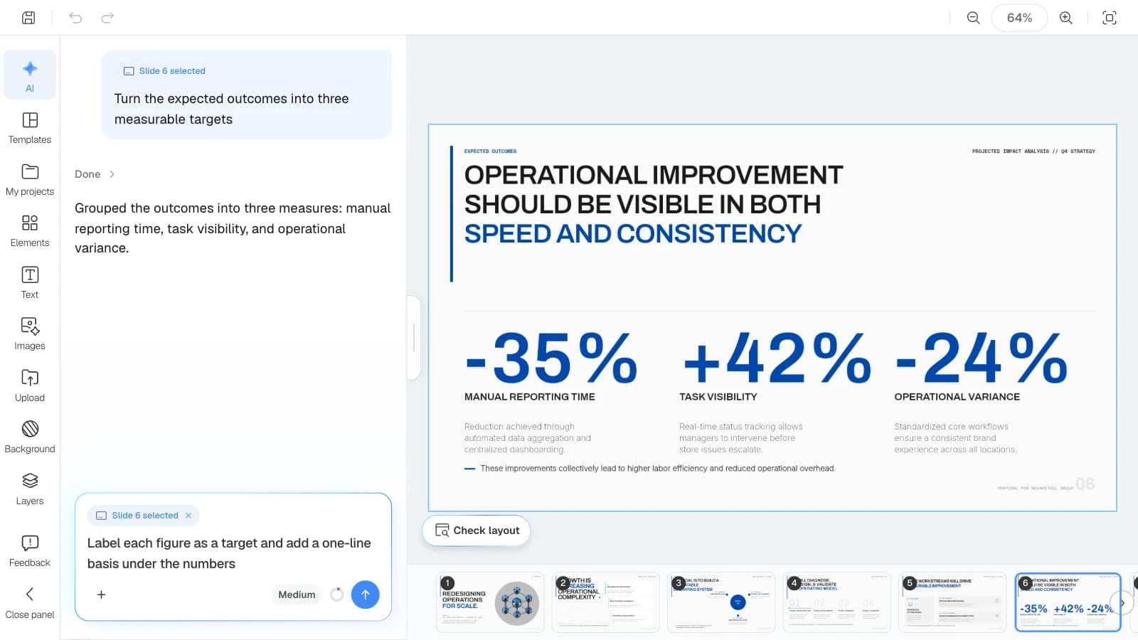 When a slide is selected, the AI request applies to that slide only. MOVO's editor with the expected outcomes slide selected and a request to label targets in the AI panel