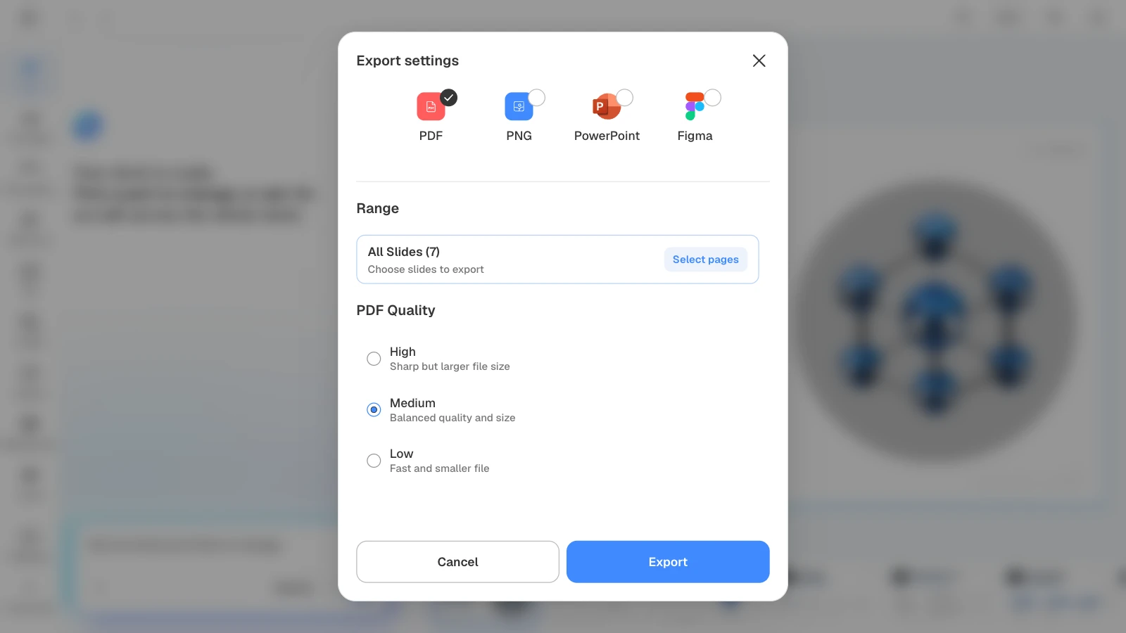 Choosing PDF lets you pick High, Medium, or Low quality. MOVO's export settings with PDF, all seven slides, and Medium quality selected