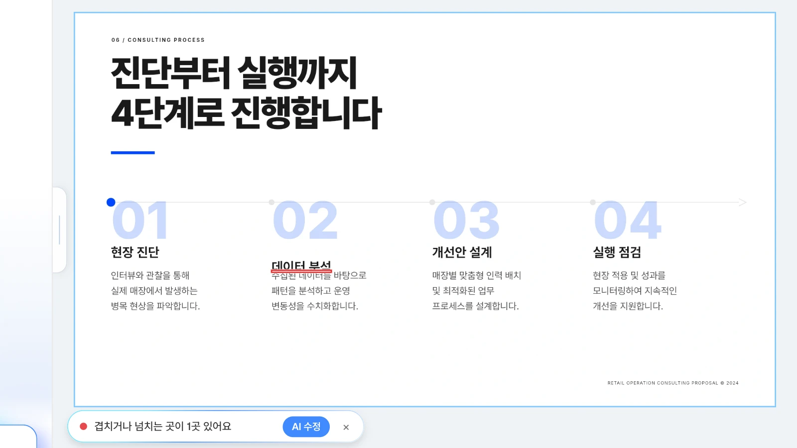예시로 '데이터 분석' 글상자를 아래 설명과 겹치게 옮긴 뒤 레이아웃 검사를 돌린 화면입니다. 진행 절차 슬라이드에서 겹친 글상자 1곳을 찾은 MOVO 레이아웃 검사 결과
