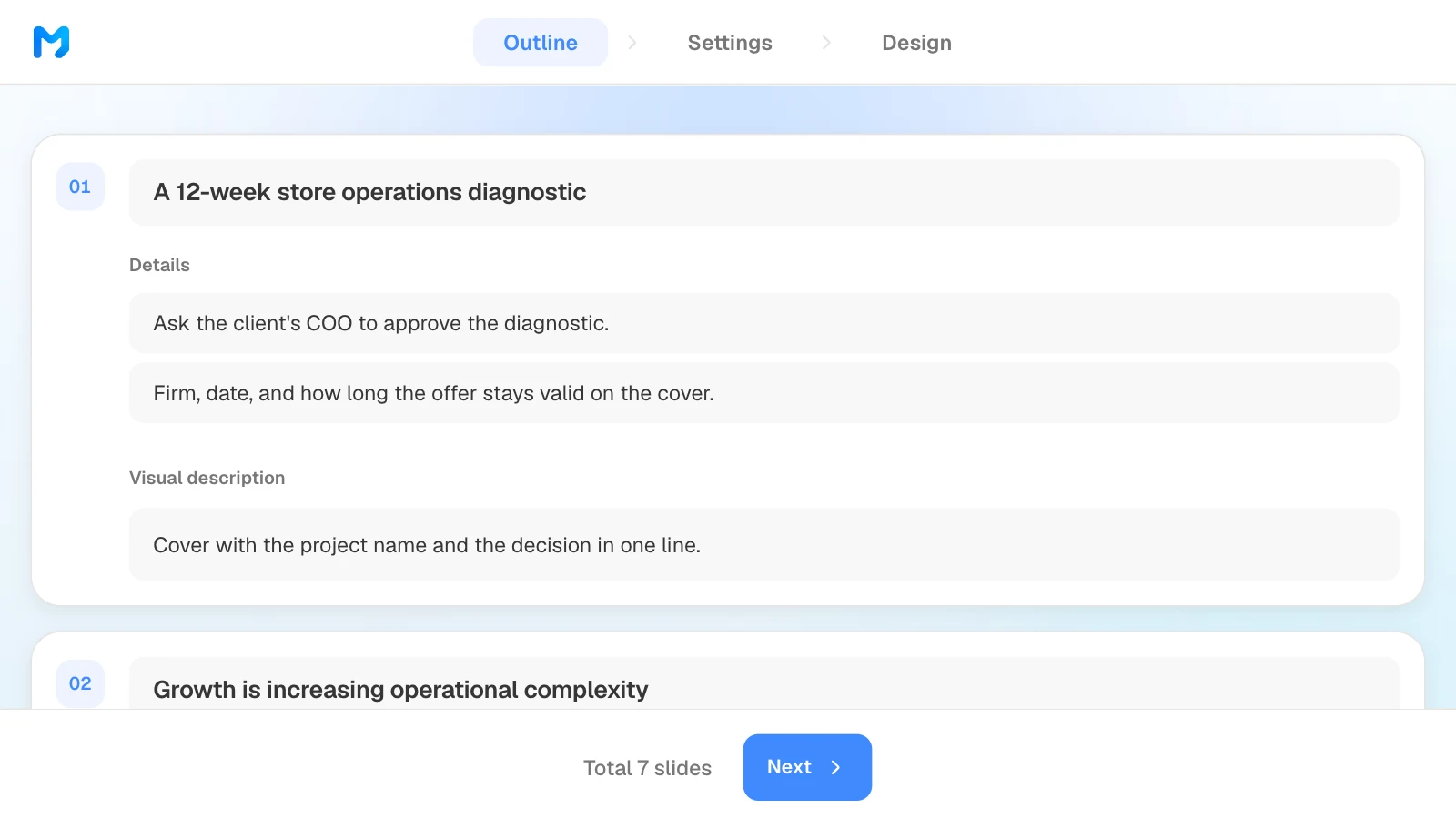 In the outline step, you can edit each slide's title, details, and visual description. MOVO's outline step showing slide titles and details for a store operations proposal
