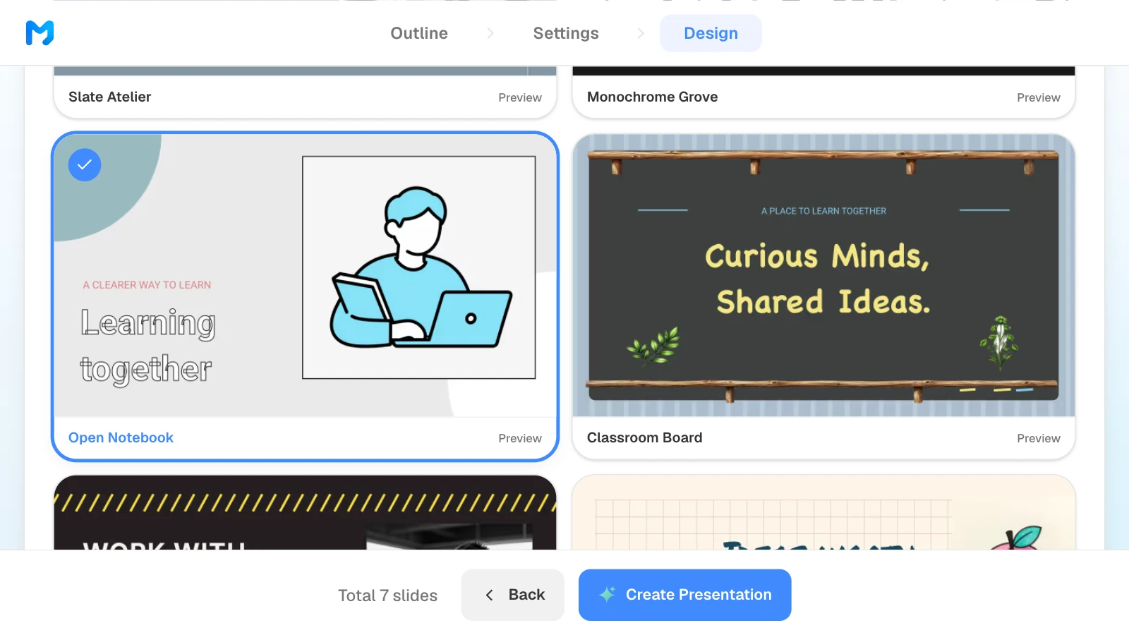 The design step narrowed to 'Education / Explanation', with the 'Open Notebook' style selected. MOVO's design step with the Education / Explanation type and the Open Notebook style selected