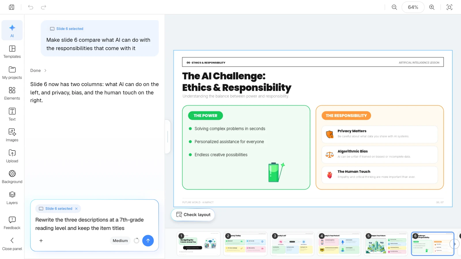 When a slide is selected, the AI request applies to that slide only. MOVO's editor with the tradeoffs slide selected and a reading-level edit requested in the AI panel