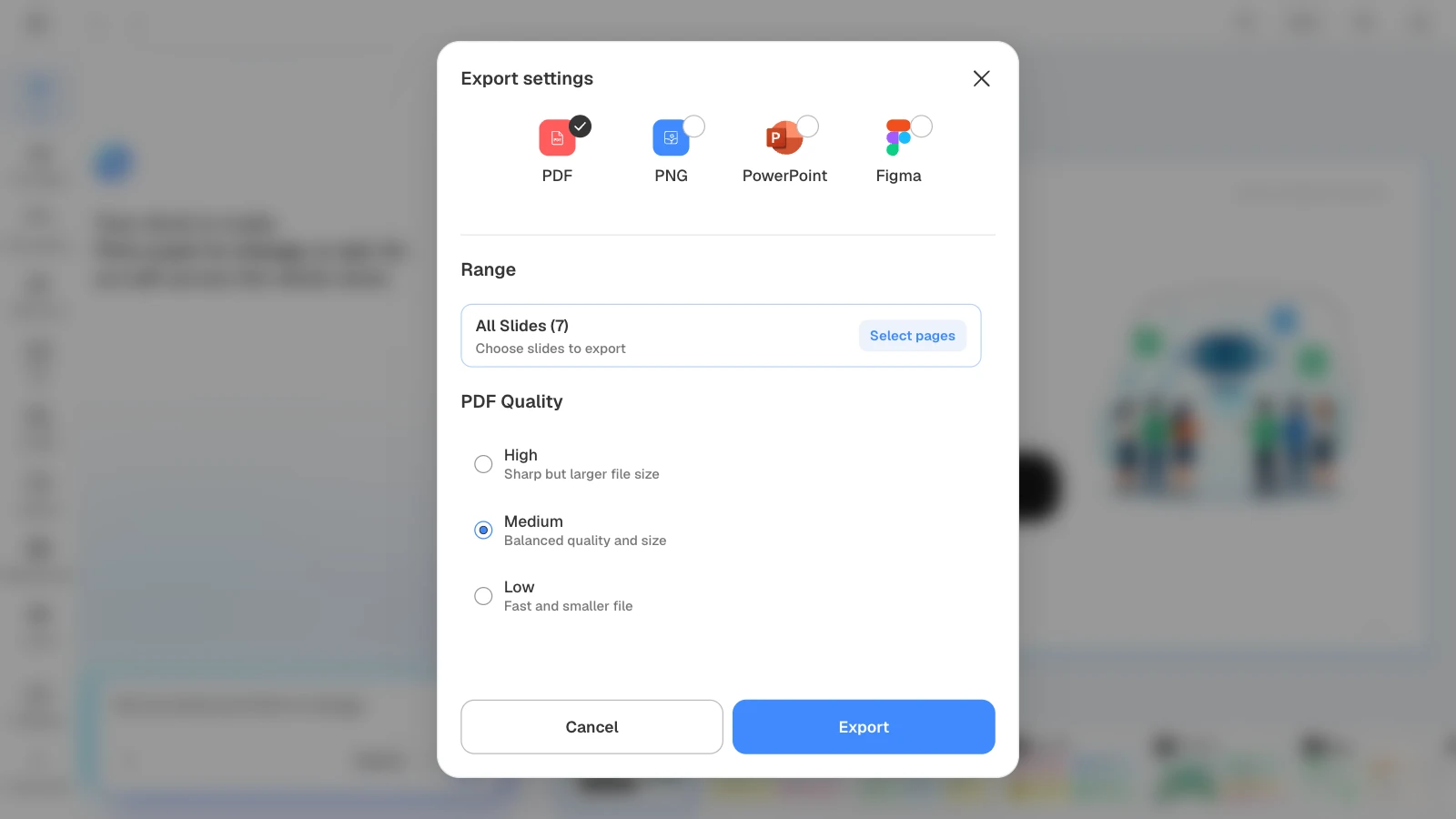 PDF export lets you choose the quality, and 'Select pages' exports only some slides. MOVO's export settings with PDF and all seven slides selected