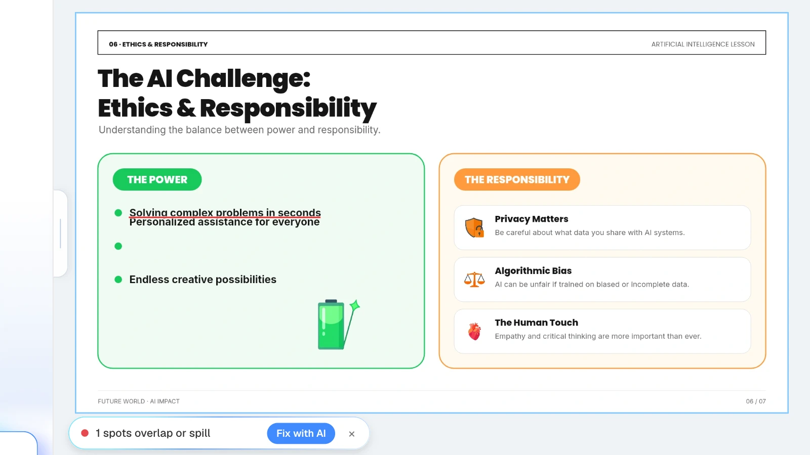 For this example, we moved the 'Personalized assistance for everyone' text box up onto the line above it, then ran Check layout. MOVO's Check layout result finding one overlapping text box on a lesson slide