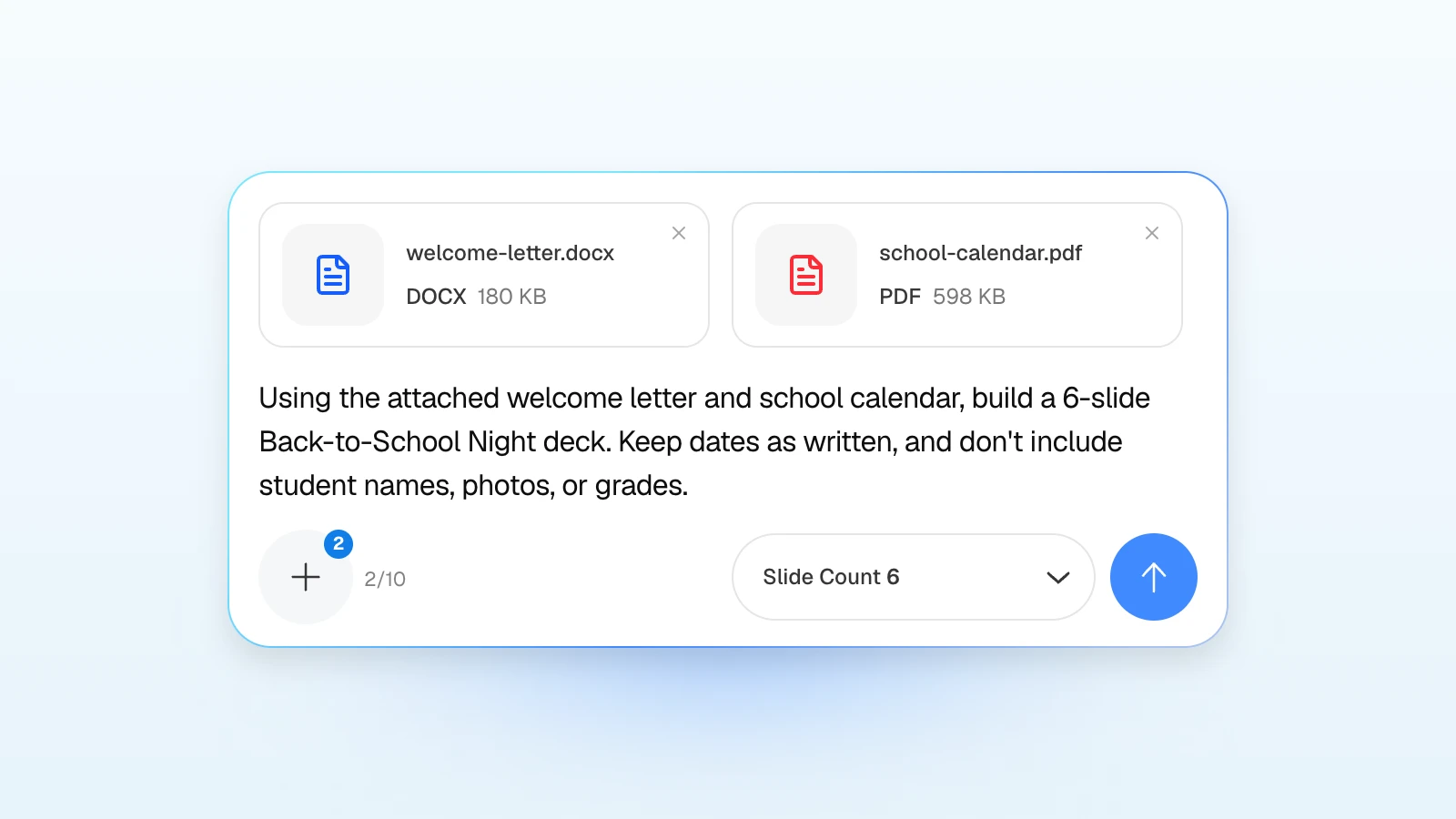 MOVO's input filled with this article's example. The file names are examples. MOVO's input with a welcome letter DOCX and a school calendar PDF attached, asking for a Back-to-School Night deck