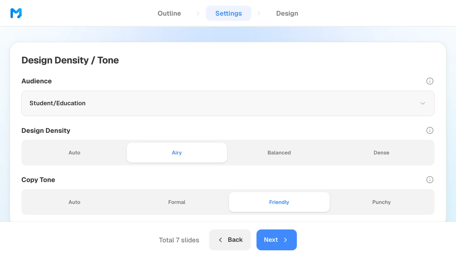 The audience options are General, Executive, Technical, Student/Education, Investor, and Client. MOVO's settings step with audience Student/Education, design density Airy, and copy tone Friendly