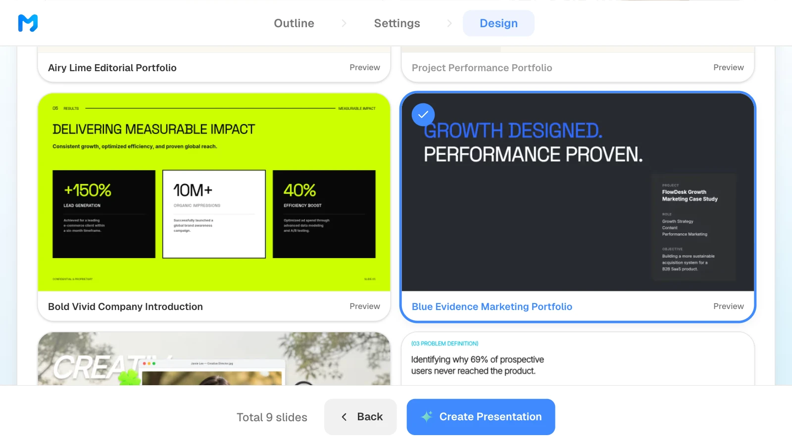 The design step narrowed to 'Brand / Introduction', with 'Blue Evidence Marketing Portfolio' selected. MOVO's design step with the Brand / Introduction type and the Blue Evidence Marketing Portfolio style selected