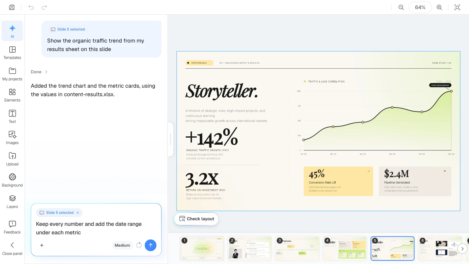 When a slide is selected, the AI request applies to that slide only. Figures in the template are samples. MOVO's editor with the results slide selected and a date-range request in the AI panel